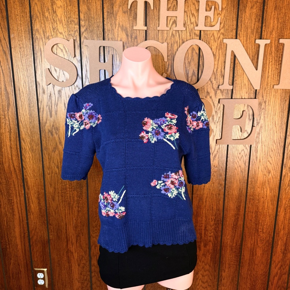 Herman Geist Sweater Women M Blue Hand Embroidered Floral Linen Cottagecore Top